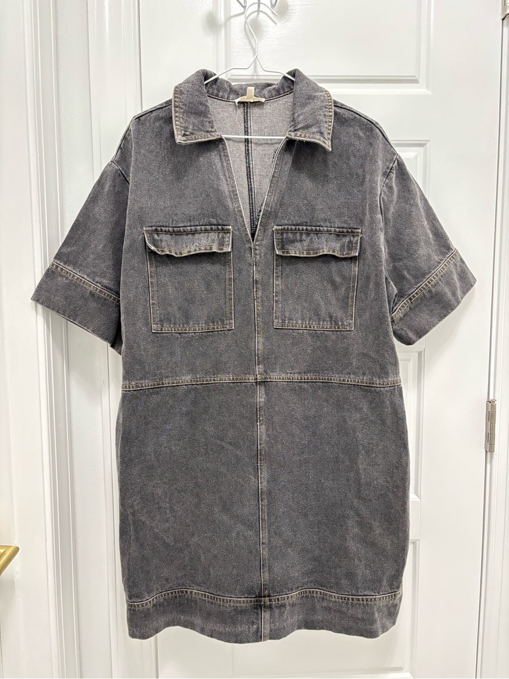 vestique Washed Black Denim Mini Dress with Patch Pockets